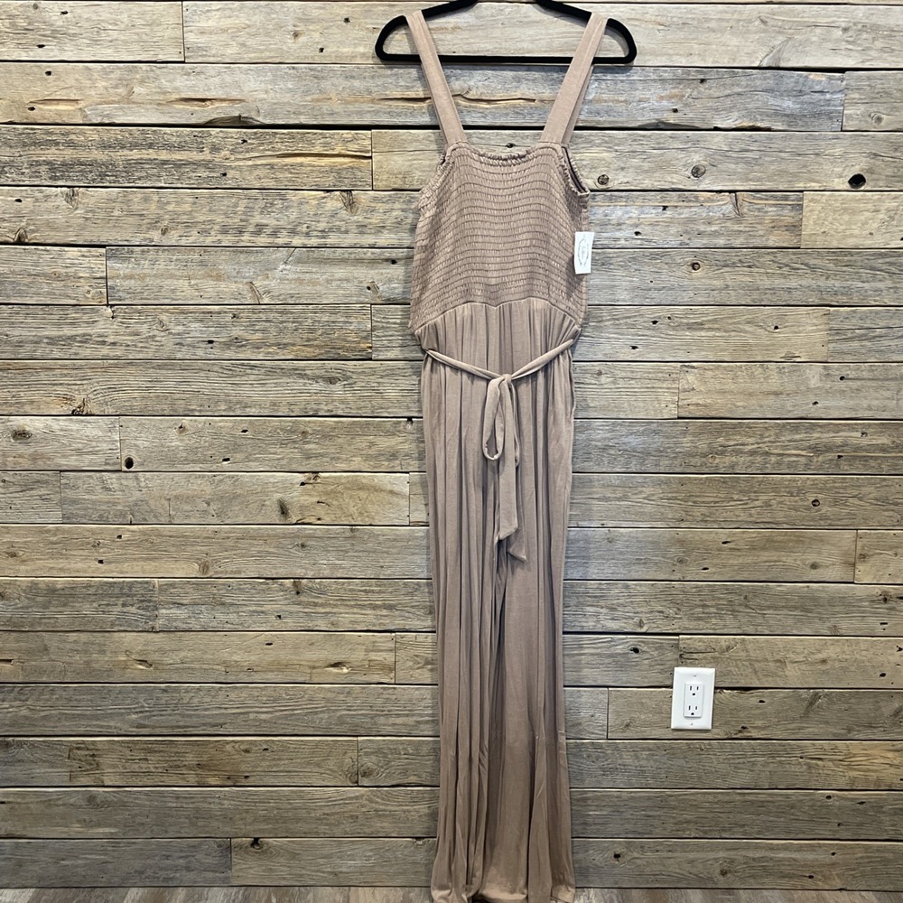 NWT Fray Women's Smocked Top Wide Leg Brown Jumpsuit Romper Size Small Front Tie